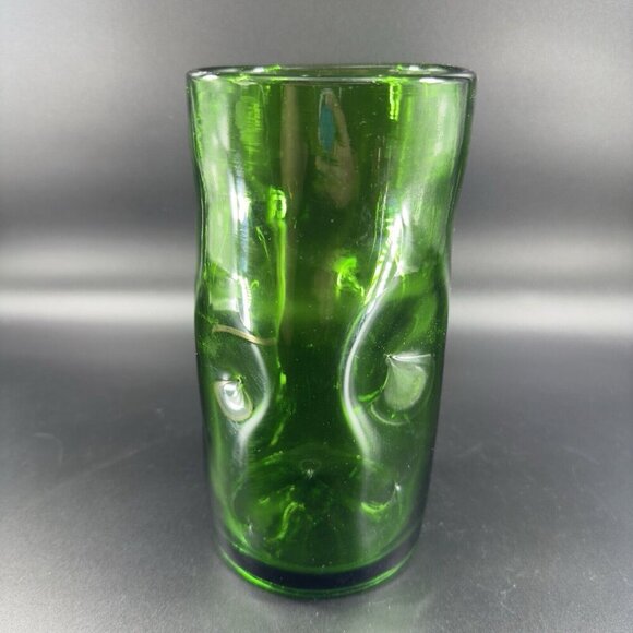 1970s Hand Blown Emerald Green Tall Cylinder Glass Vase Dimple Hand Made Vintage - Picture 13 of 14